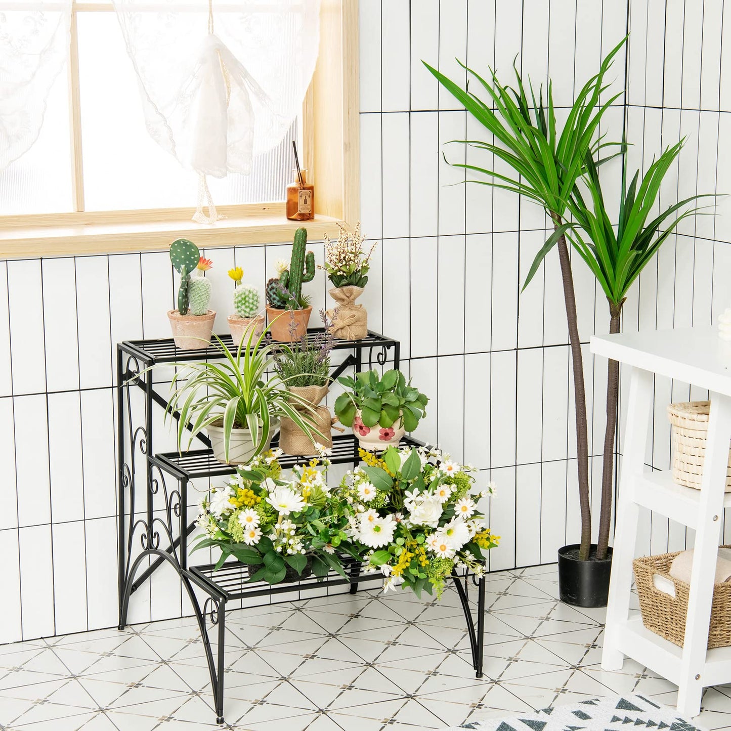 Giantex 3 Tier Metal Plant Stand, Black Corner Plant Stand Indoor w/ Widened Grid Shelf & Non-Slip Foot Pads, Display Rack Holder for Outdoor Porch Garden Patio Balcony