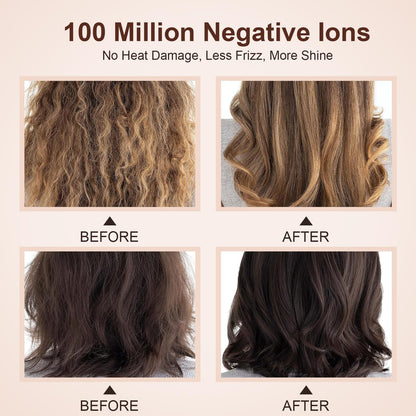 110-240V Travel Brush Hair Dryer, Small Hair Straightener Brush with European Plug Adapter for International Travel, 4 in 1 Hot Air Styler & Dryer for Drying Straightening Curling Volumizing