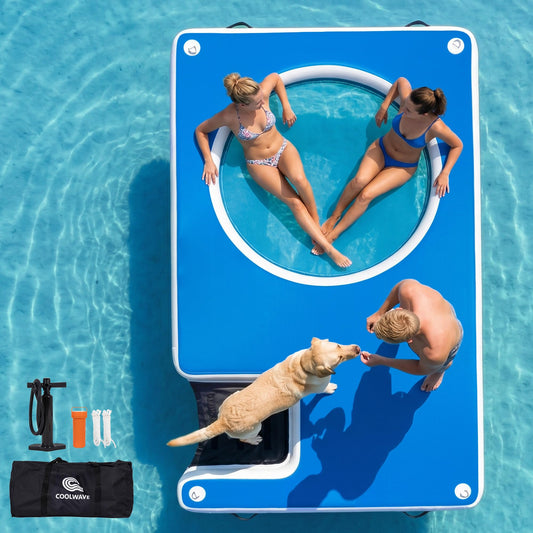 COOLWAVE Inflatable Floating Dock 10x6FT Dog Boat Ramp, Extra Large Floating Dog Dock with Water Hammock for Pool Lake Beach, Heavy Duty Lake Floats for Adults and Pets, 700LBS Load Capacity