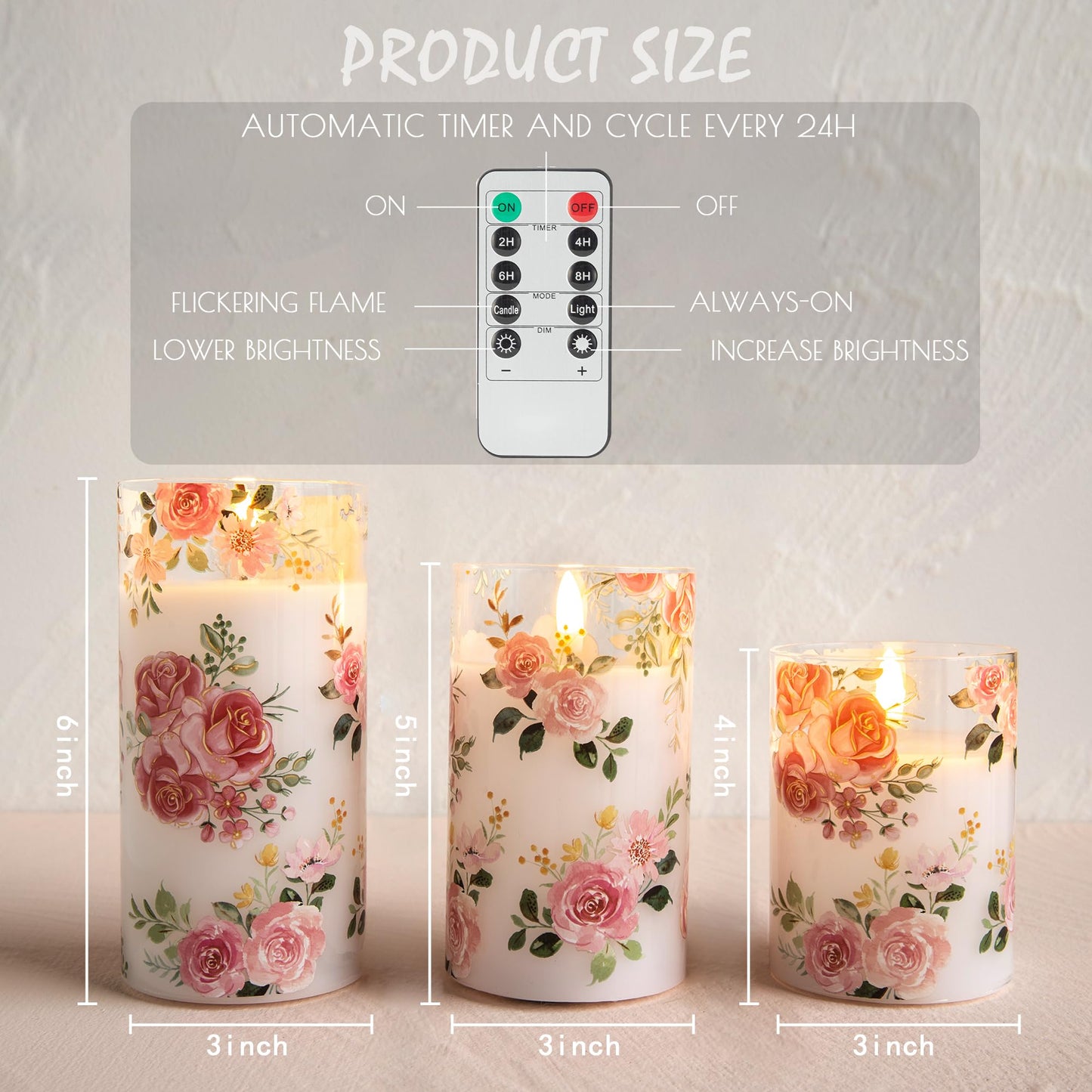 LUSHARBOR Flameless Candles with Remote, Battery Operated Glass Candles Pink Rose Flickering LED Candles Real Wax Floral Christmas Decor Electric Pillar Candles Set of 3