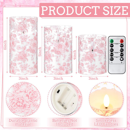 Lewtemi 3 Pcs Flameless Candles with Remote Pink Flower Flickering LED Candles Electric Pillar Candle for Wedding Dinner Christmas Holiday Decor (3 x 4" 5" 6" )