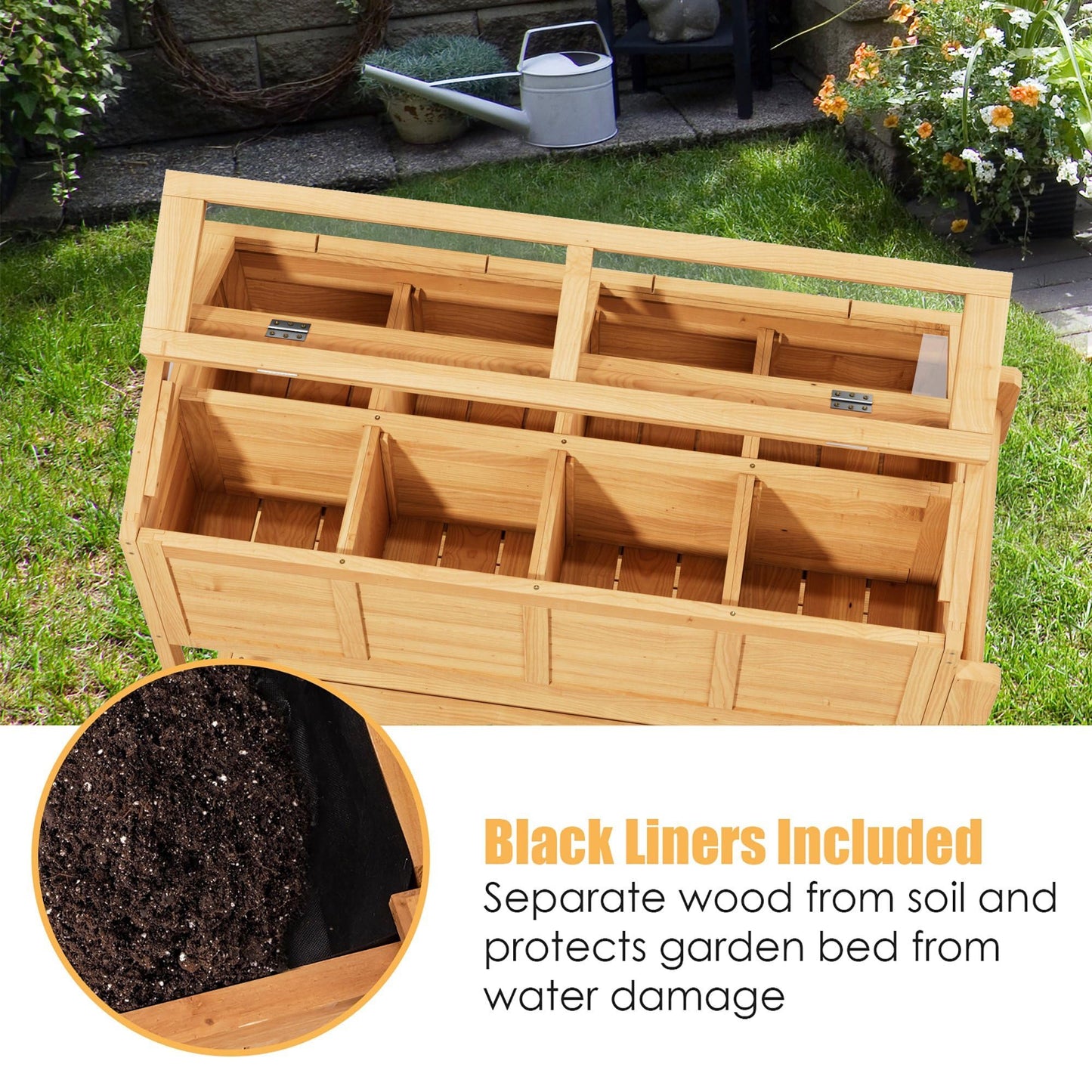 Raised Garden Beds on Wheels with Legs and Cover Elevated Herb Planter Box Cart Outdoor with Bed Liner,Storage Shelf,Seed Starter Tray for Backyard Patio Gardener Porch Outside (Country Rustic)