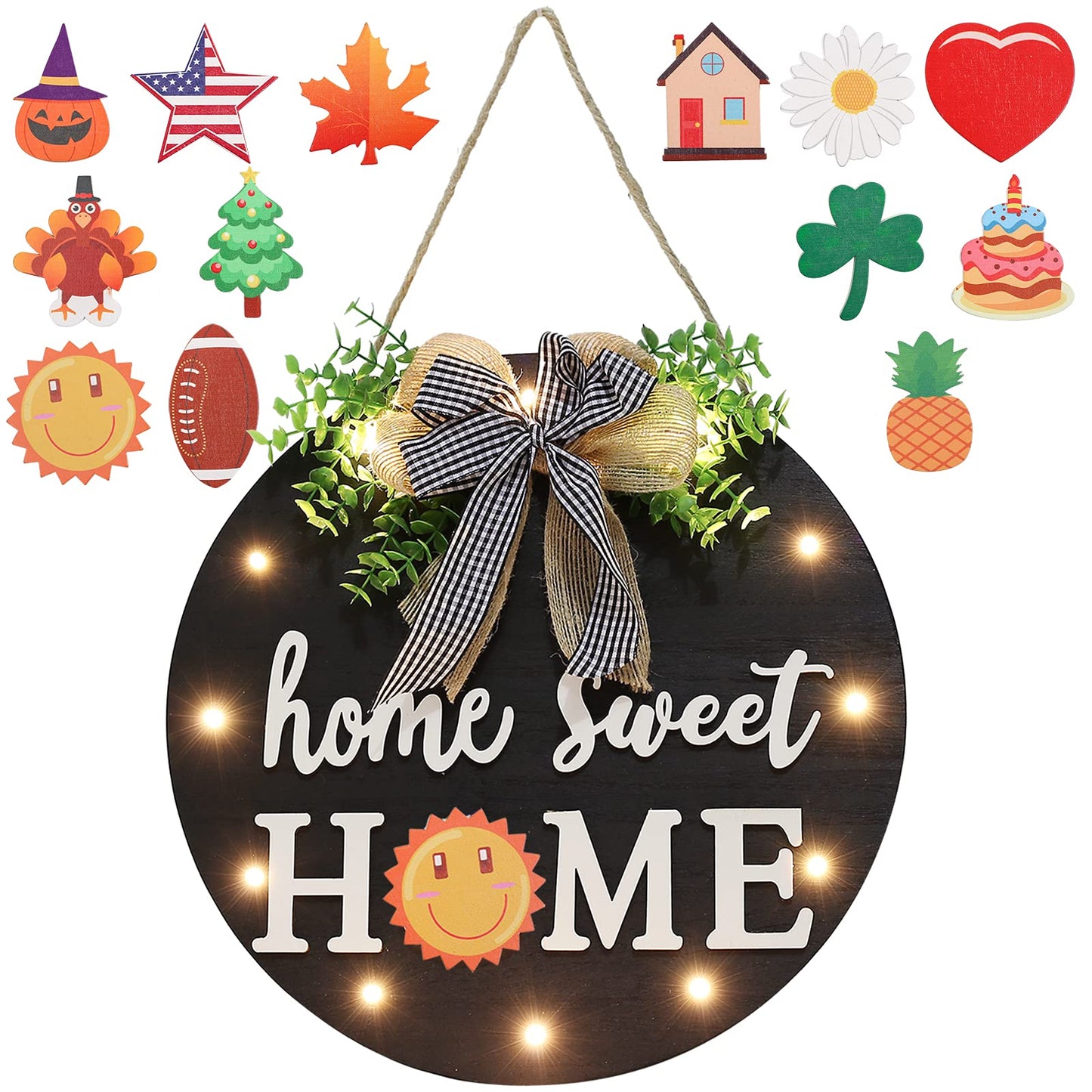 Interchangeable Welcome Sign for Front Door with 14 Changeable Icons, Farmhouse Front Porch Decor Rustic Wooden Wall Sign with 12 LED Lights, Outdoor Seasonal Welcome Home Decorations (Black1)