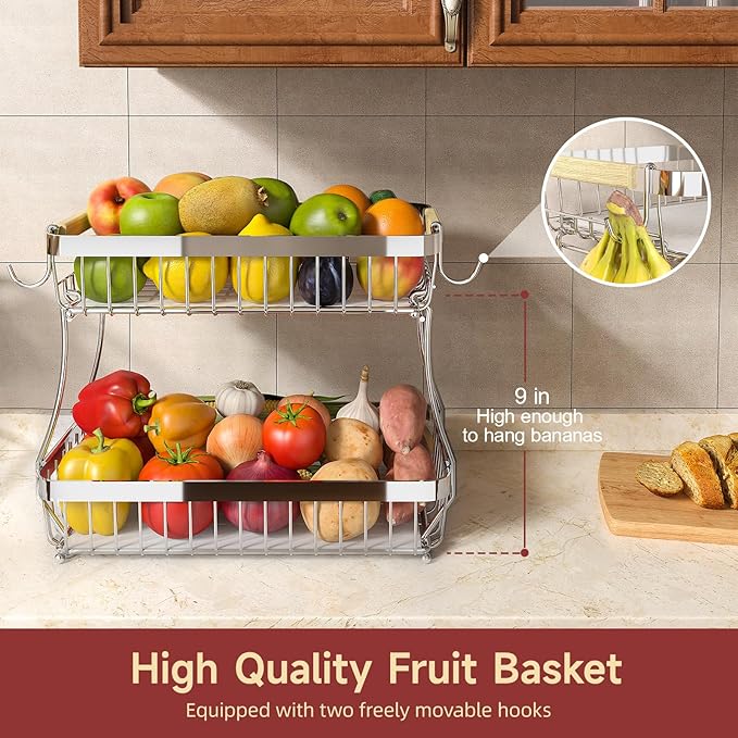 2 Tier Large Fruit Basket for Kitchen Counter