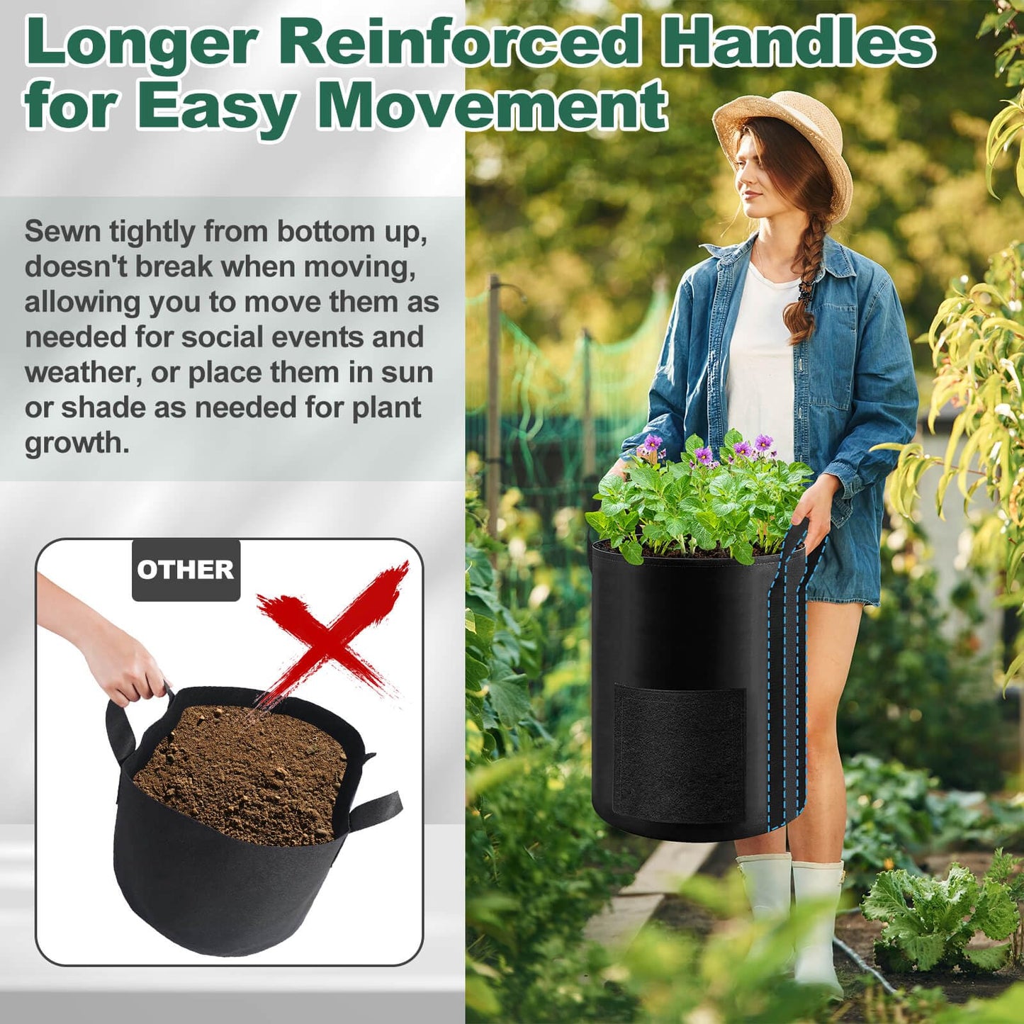 Lezmarket 2 Pack 10 Gallon Potato Grow Bags, Nonwoven Fabric Garden Planters with Reinforced Handle, Large Pots for Potato, Vegetable and Outdoor Plants