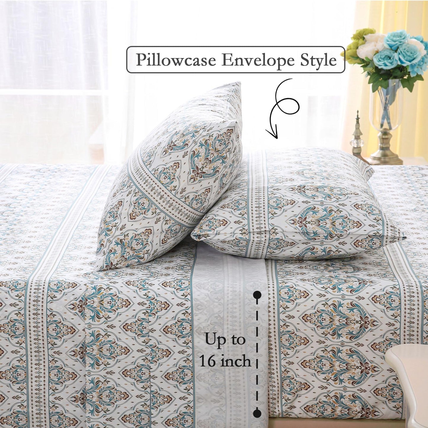 ChicView Queen Size Paisley Printed Sheet Set,4 Pieces Boho Style Breathable Soft Microfiber Bedsheets, Anti Pilling Deep Pockets Easy Care Bed Sheets, White Green