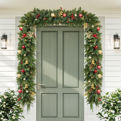 9FT Artificial Christmas Prelit Garland with 50 White Light, Pulg in, Pine Cones, Gold and Red Ball, Red Berris Mantle for Indoor Holiday Door Home Decorations Stairs Fireplaces Wall