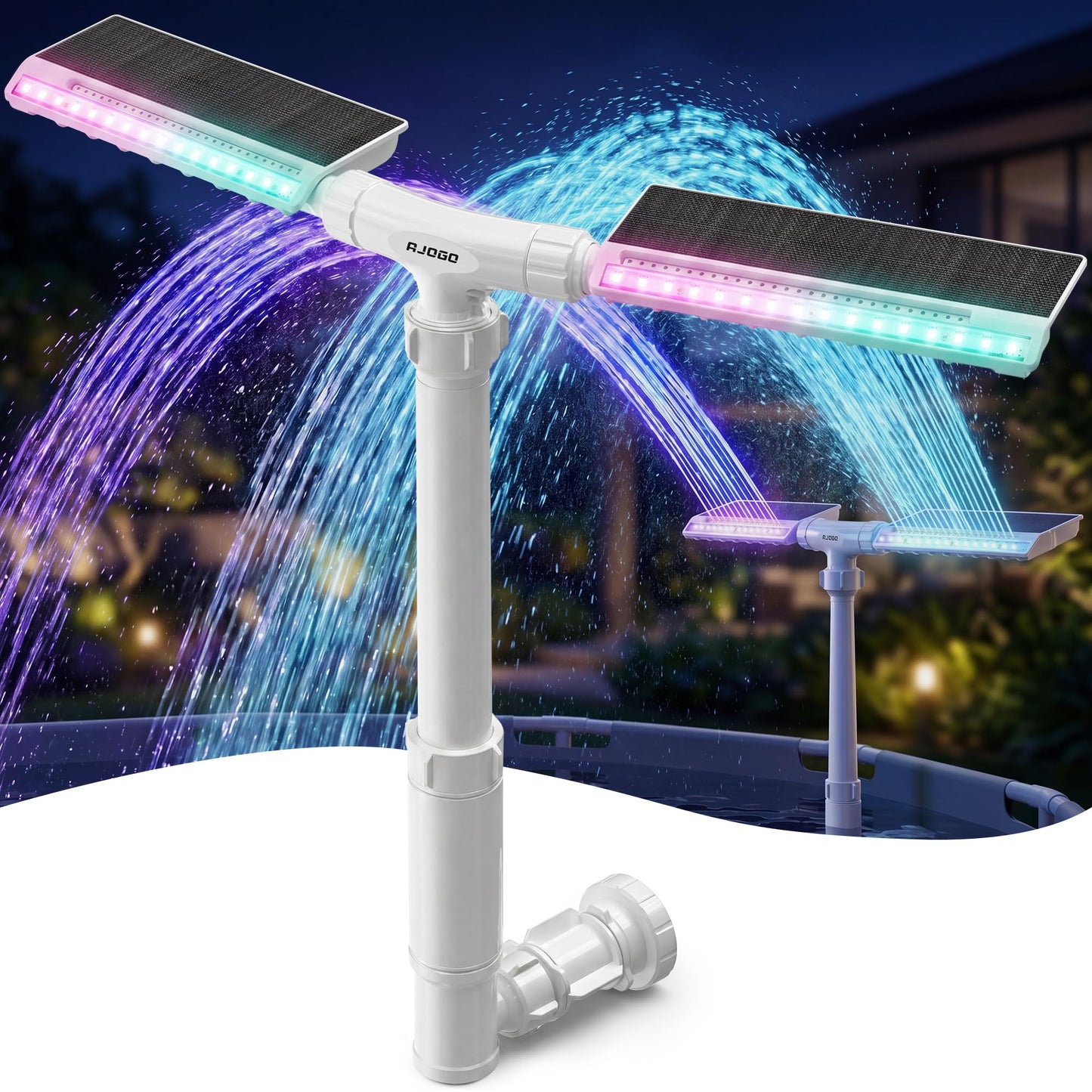 Prapark Solar Pool Fountain with Lights, Dual-Head Adjustable Spray & Timer, Remote Control, Auto Dusk Sensor, 10-Color LED Modes & 15°F Cooling Spray for Above & Inground Pools (White)