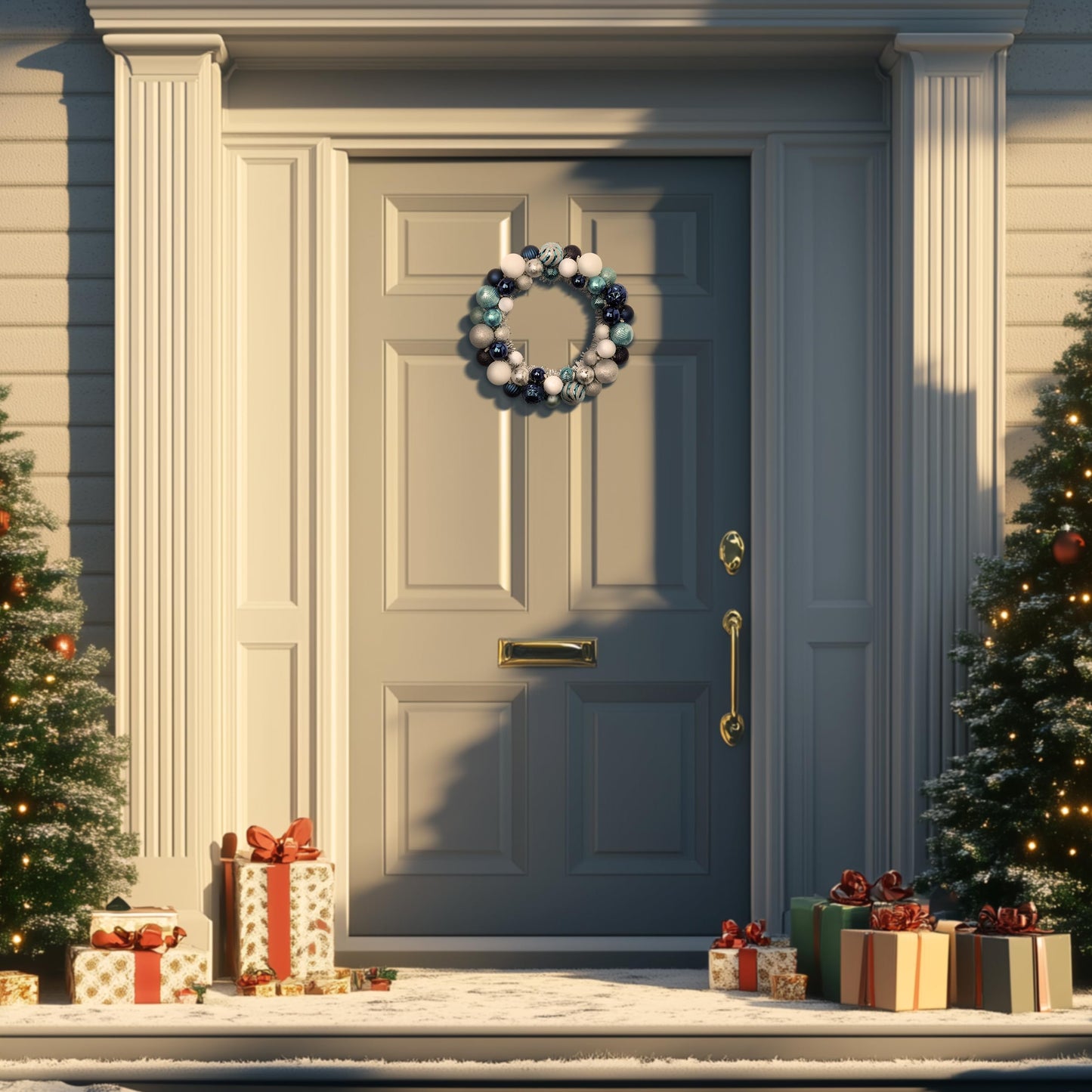Valery Madelyn Pre-Lit Christmas Ball Wreath for Front Door with Lights, 13'' Lighted Christmas Wreath with Silver Blue Xmas Ball for Fireplace Window Outdoor Table Centerpiece Holiday Home Decoration