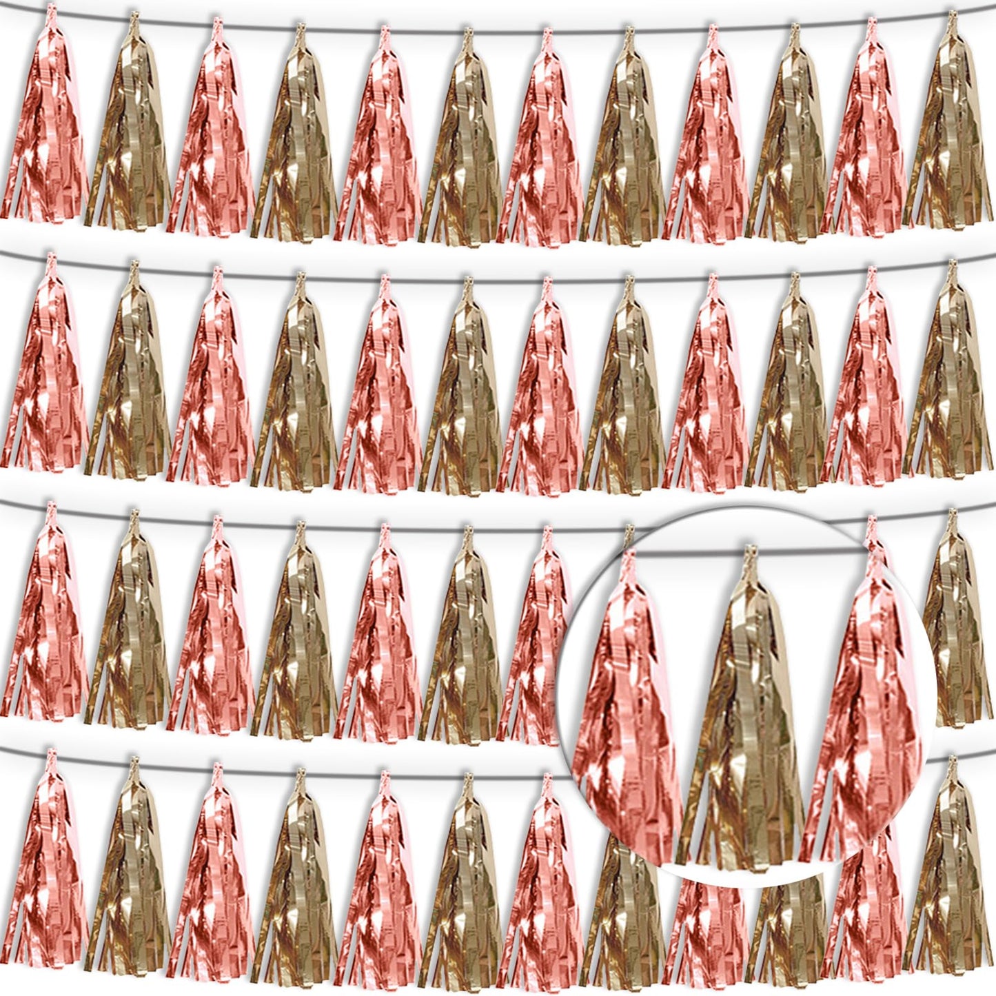 4P Rose Champagne Gold Tassel Banner Garland Metallic Foil Fringe Banner Tinsel Tassels Streamer Banner Backdrop for Parade Floats, Graduation Decorations, Wedding Party Decoration