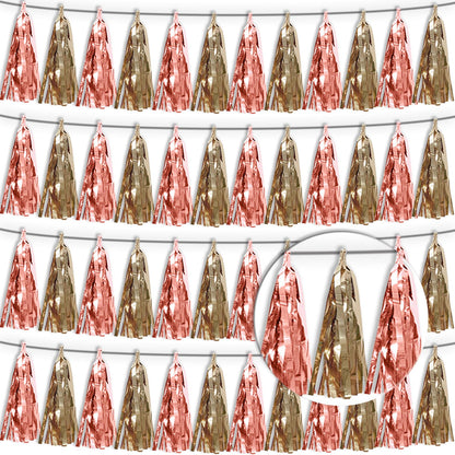 4P Rose Champagne Gold Tassel Banner Garland Metallic Foil Fringe Banner Tinsel Tassels Streamer Banner Backdrop for Parade Floats, Graduation Decorations, Wedding Party Decoration
