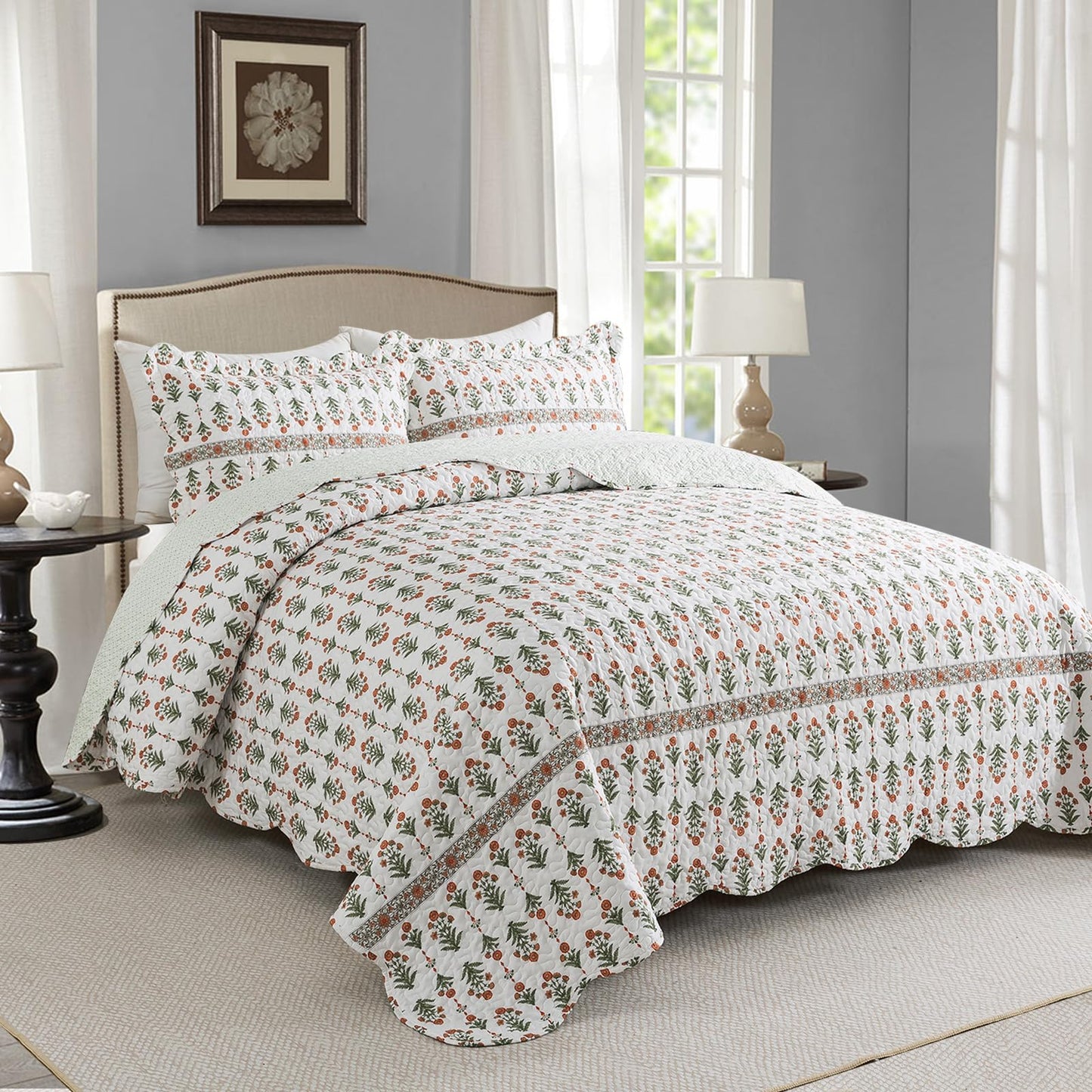 Travan 3-Piece Quilt Set Quilted Bedspread Lightweight Coverlet Set Garden Style Floral Printed Oversized Quilted Bedding Set for All Season, Orange Mirror, King Size
