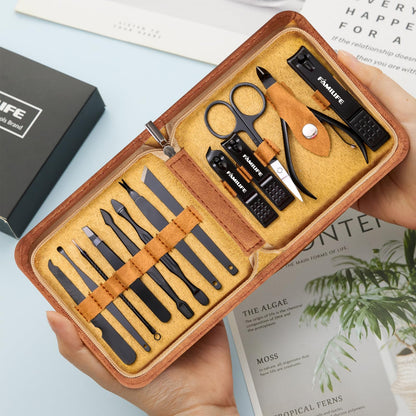 FAMILIFE Manicure Set, Nail Professional Kit Manicure Kits Nail Clipper Sets, 13PCS Stainless Steel Pedicure Sets Mens Grooming Tool, with Brown Leather Travel Case for Men