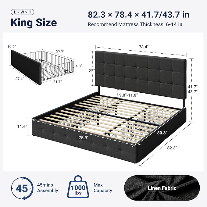 Allewie Upholstered King Size Platform Bed Frame