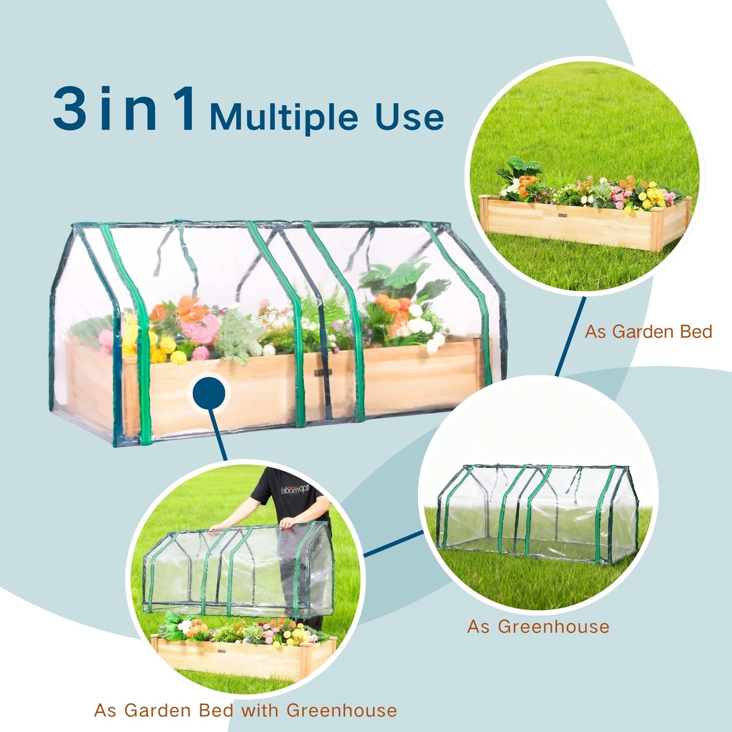 ZSYWODFO 4x2ft Raised Garden Bed with Greenhouse Cover,Wooden Planter Box with Clear PVC Cover & Dual Roll-Up Windows,Outdoor Elevated Garden Box for Vegetables/Herbs/Flowers,Patio,Balcony,Backyard