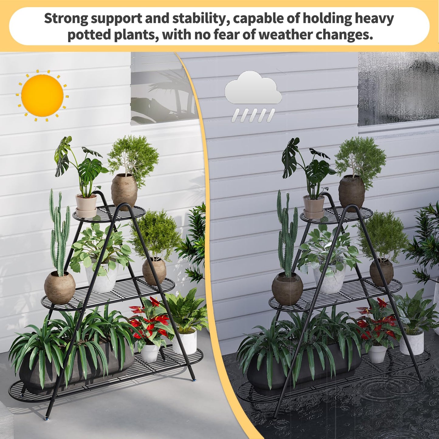 Furshus Plant Stand for Patio, 3-Tier Metal Plant Shelf–Indoor/Outdoor Display Rack for Multiple Pots, Heavy Duty Plants, Garden Flower Organizer (Black)
