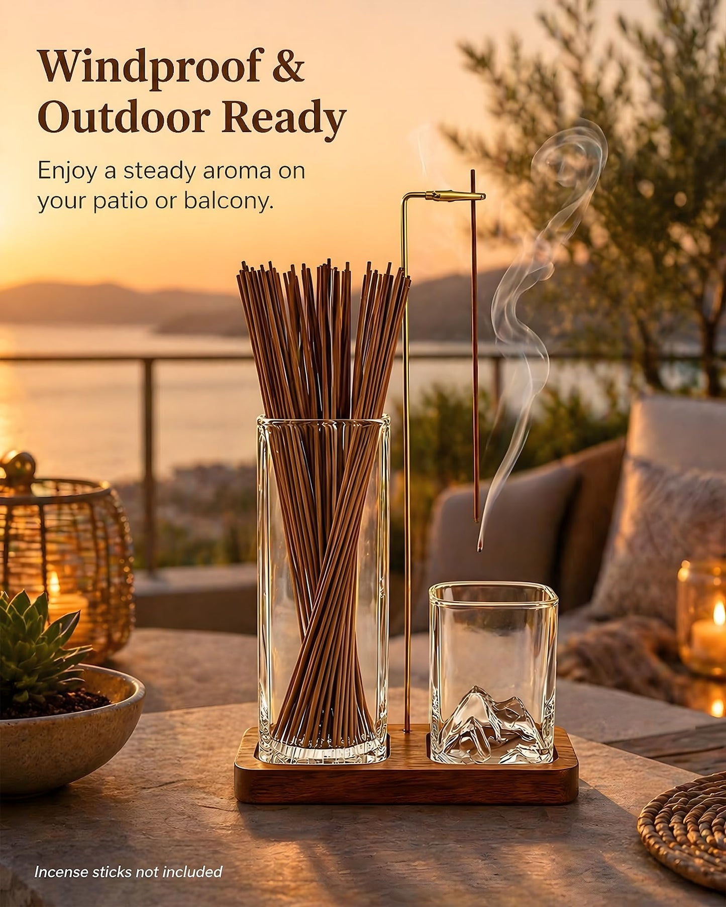 Incense Holder for Sticks, 2 in 1 Glass Incense Burner with Storage, Solid Sapele Wood Base, Removable Mountain Ash Catcher, Vertical Windproof Stand for Outdoor, Meditation (Dark Walnut)