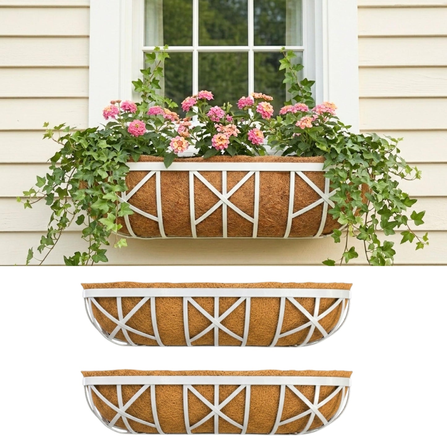 LaLaGreen 30 Inch, 2 Pack White Metal Window Planters-Wall Mount Flower Pots for Outdoor with Coco Coir Liner, Attach to House Flower Boxes Hanging Walls Plant Holders for Fence Balcony Porch, Patio