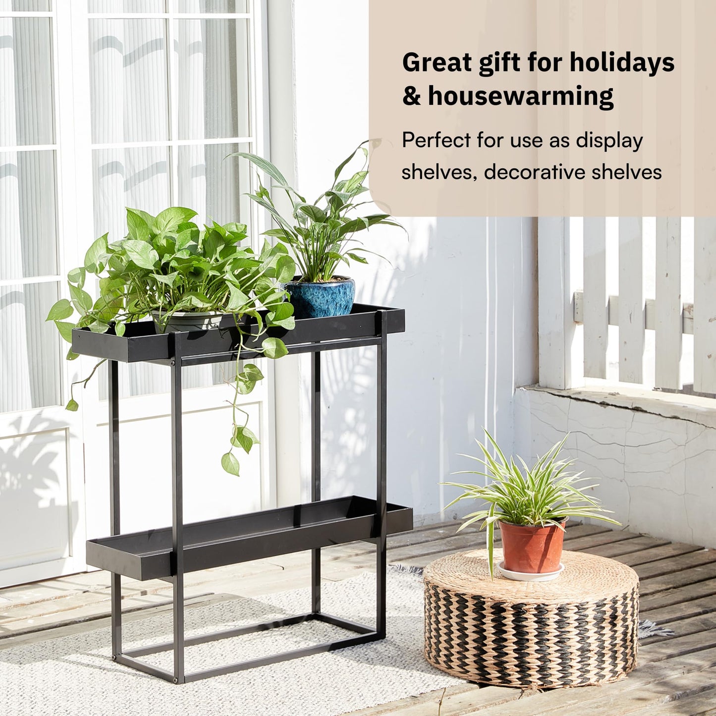 Levende Plante 2 Tier Plant Stand Indoor Outdoor - 29 x 9 x 28 Inches Plant Shelf for Home and Office Decor - Narrow Plant Stand for Lawn, Patio, Balcony and Living Room - Heavy Duty Iron - Black