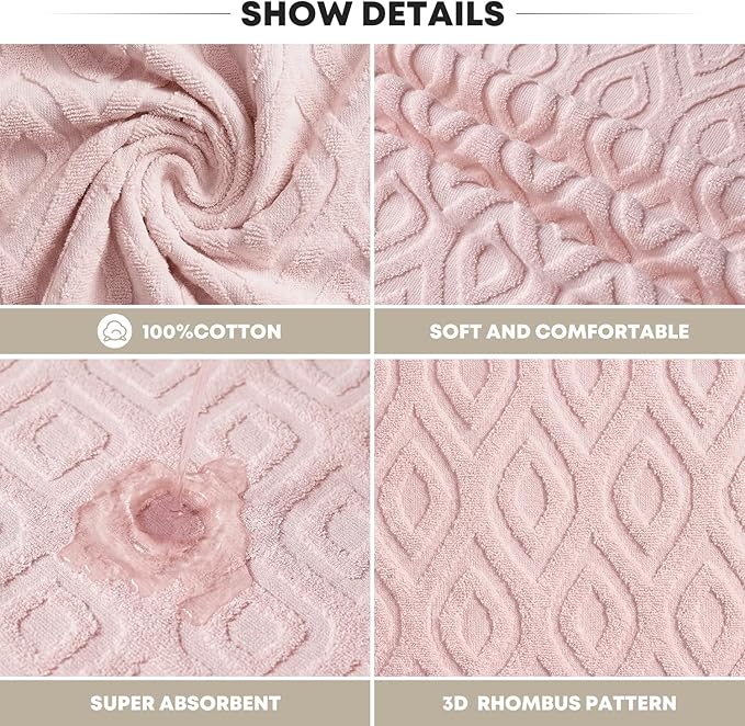 Artoid Mode 2 Pcs Pink 3D Diamond Grid Jacquard Hand Towels