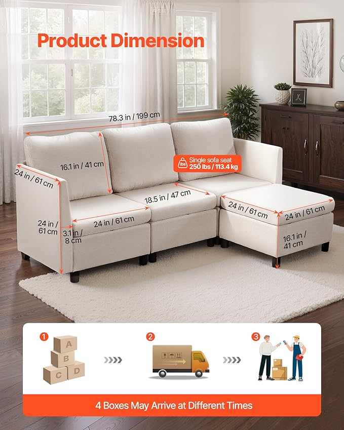 VEVOR Modular Sectional Sofa, 3-Seater Modular Sofa