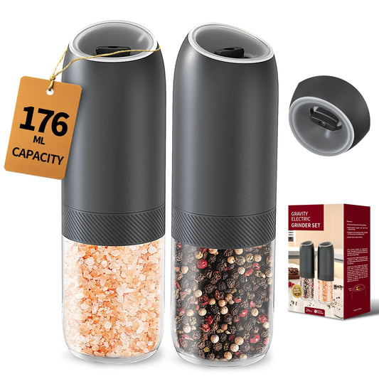 CIRCLE JOY Gravity Electric Salt and Pepper Grinder Set Battery Powered Automatic Pepper Mill Grinders with 176ml Container, Adjustable Coarseness, Bright LED Light and One Hand Operation, Black