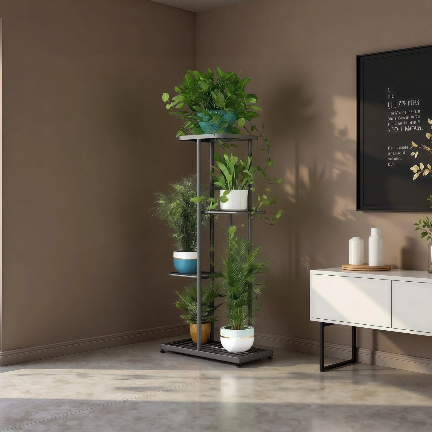 LINZINAR Plant Stand Indoor Outdoor Corner 4 Tier Metal Plant Shelf Patio Plant Rack for Garden Corner Balcony Living Room