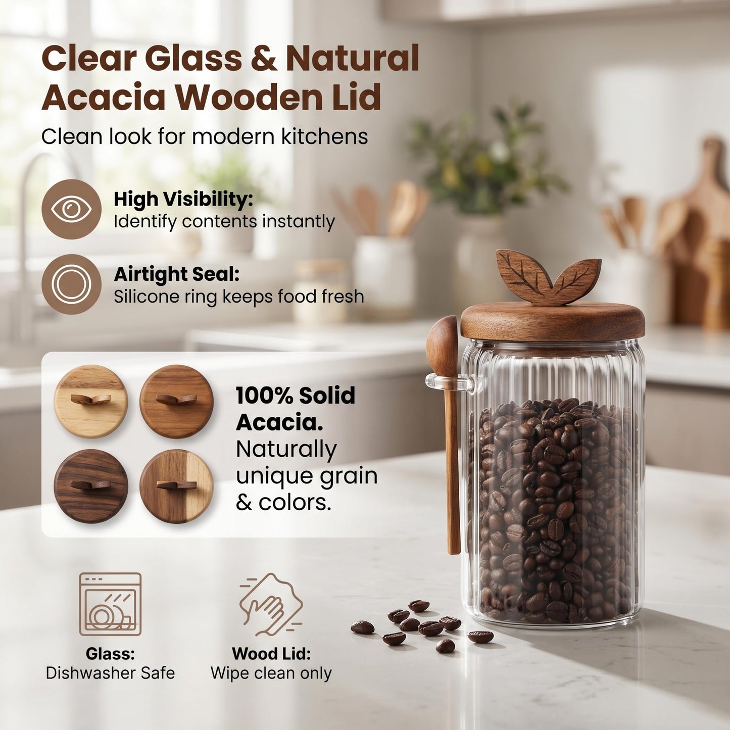 Splotiva Glass Coffee Canister with Wooden Lid & Spoon, Airtight Food Storage Jar for Coffee, Sugar, Salt, Tea & Snacks (17floz x 2)