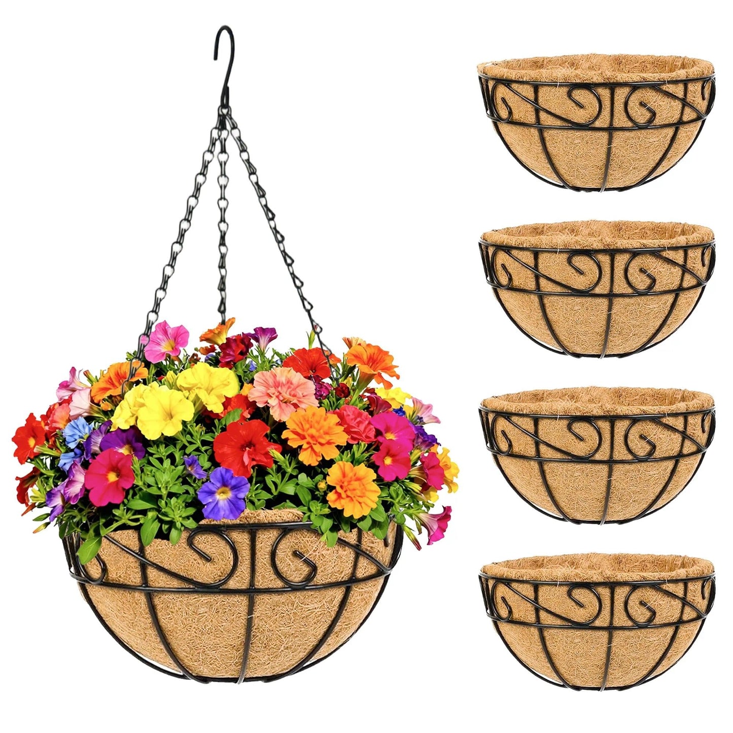 KIDYBELL Metal Hanging Planters Basket Set of 4 Outdoor with Coco Fiber Liners Chain Hanging Basket Suitable for Vegetables Flower Heavy Duty Round Plant Holder Garden Balcony Patio Deck Porch Decor