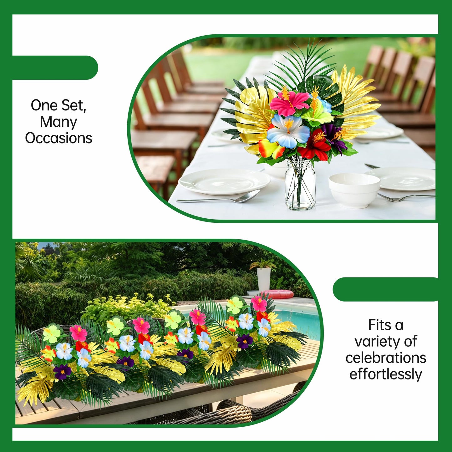 Fovths 6 Pack Hawaiian Flower Centerpieces with Mason Jars Artificial Hibiscus Bouquet Monstera Palm Leaves Tropical Mason Jars Centerpieces for Table, Luau, Jungle, Beach Party Decorations
