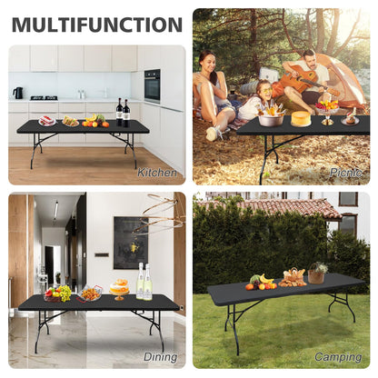 LSKSSNG Portable 8Ft Folding Table, Heavy Duty Plastic Fold-in-Half Utility Foldable Dining Table, Multi-Purpose Plastic Folding Table with Carrying Handle for Camping and Party Indoor/Outdoor (Black)