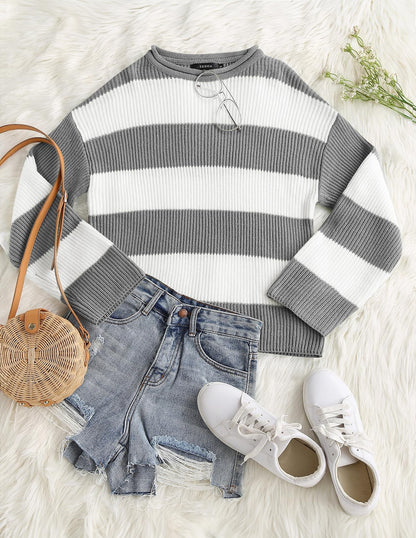 ZESICA Women's 2025 Fall Long Sleeve Oversized Striped Color Block Comfy Loose Crew Neck Knitted Pullover Sweater