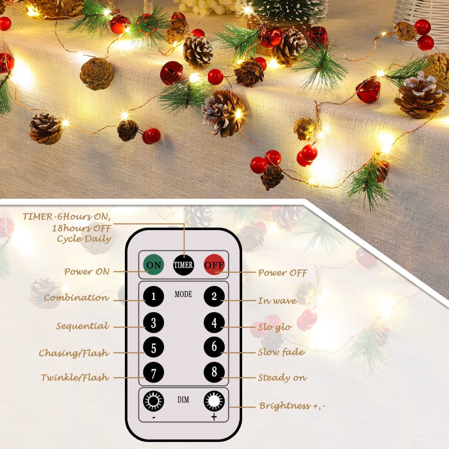 Christmas Garland with String Lights 10 Ft 30 LED Pine Cone Red Berry Bells Garland Lights, Indoor Christmas Decorations for Home and Fireplace Mantel Decor (Yellow)
