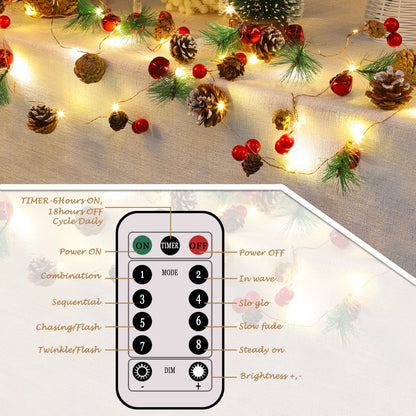 Christmas Garland with String Lights 10 Ft 30 LED Pine Cone Red Berry Bells Garland Lights, Indoor Christmas Decorations for Home and Fireplace Mantel Decor (Yellow)