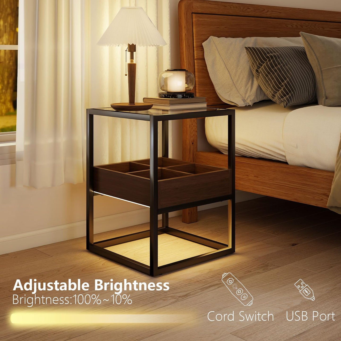 Permory Tempered Glass Top End Table with USB Port, Dimmable Warm Brown-Toned COB Strip Light for Living Room Bedroom