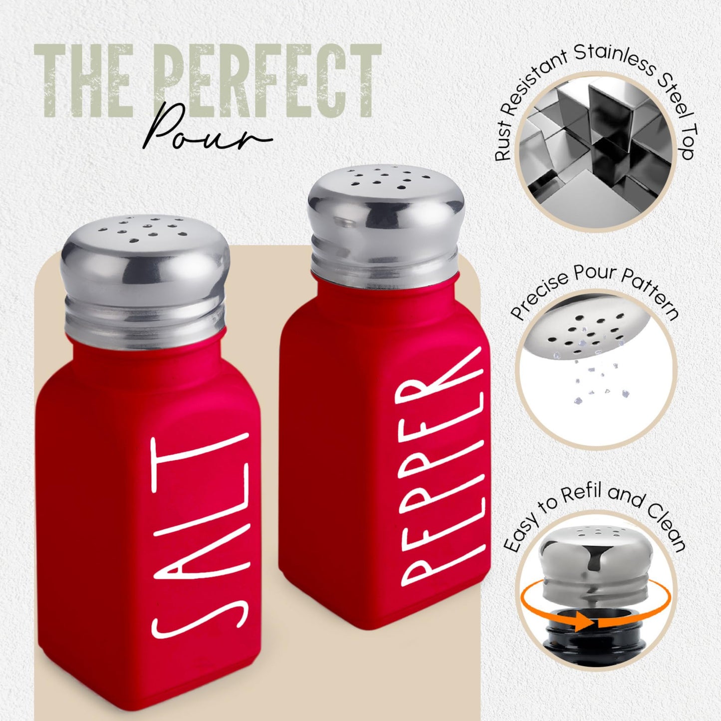 Red Salt and Pepper Shakers Set with Holder by Brighter Barns - Dining Table Decor, Modern Farmhouse Kitchen Decor - Christmas Salt and Pepper Shakers with Caddy for Restaurant, RV, Airbnb, Gift (Red)