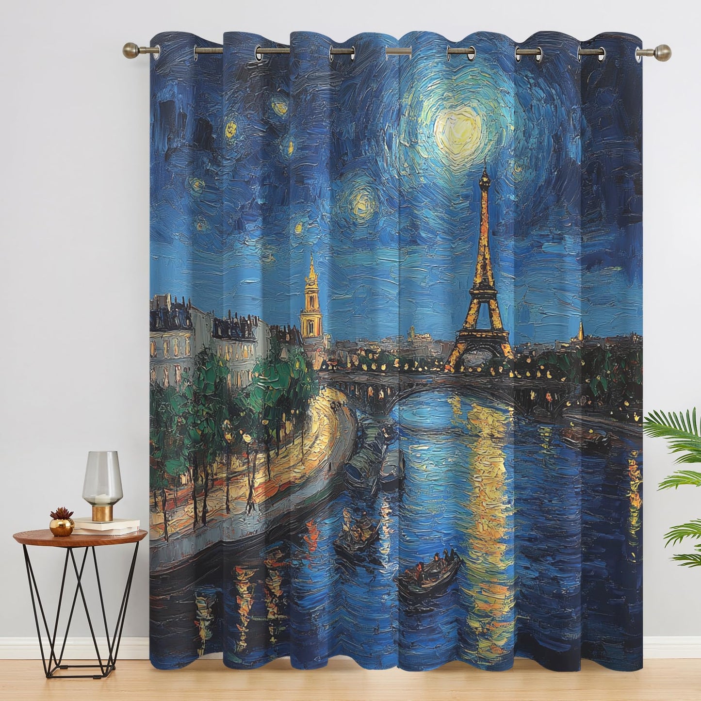 Efvrysm Paris Eiffel Tower Curtains, Cityscape Window Curtains, Starry Night Blackout Curtains for Bedroom Living Room Home Decor, Patterned Grommet Drapes 54 Inch Length 2 Panels Set