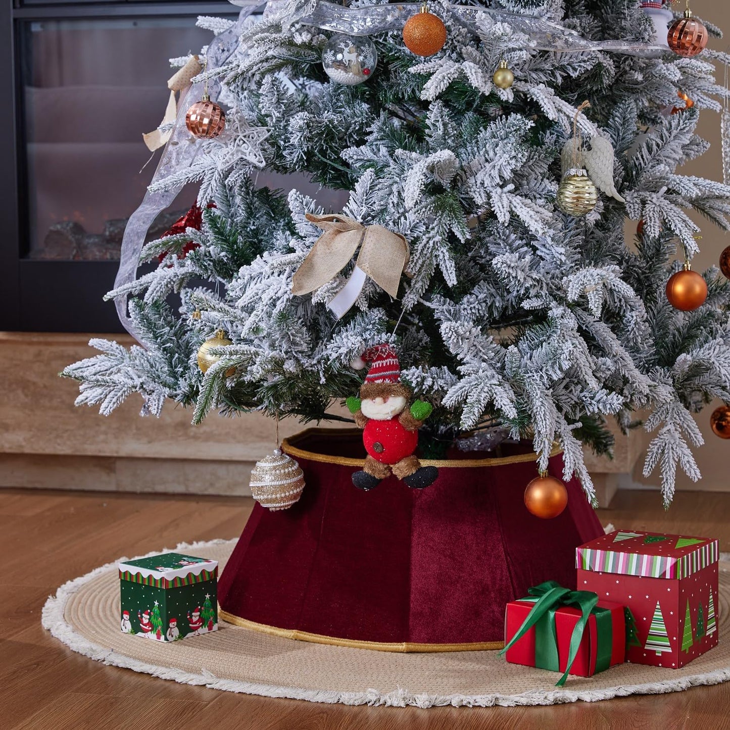 ONGLYP Christmas Tree Collar,25.5'' Velvet Christmas Tree Skirt Foldable Xmas Tree Stand Base Cover,Easy Set Up Tree Collar for Artificial Trees Holiday Home Decoration (Dark Red)