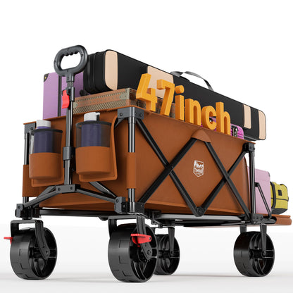 Timber Ridge 47" L Collapsible Wagon with Tailgate & Brake, 300 lbs Heavy Duty Beach Wagon with All-Terrain Big Wheels, 250L Foldable Utility Cart for Sand Camping Sports Shopping, Orange