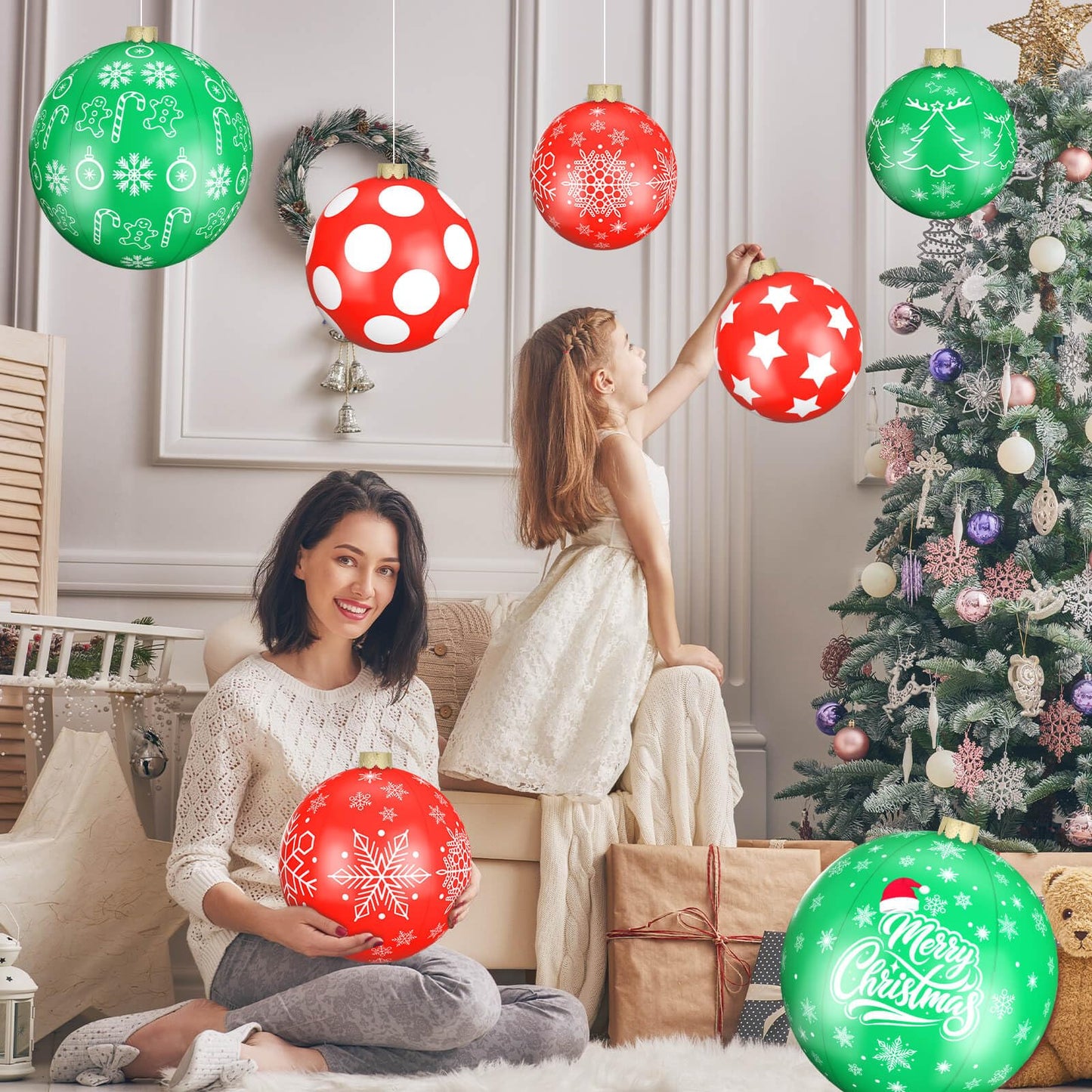 Flasoo 12 Pack Giant Inflatable Christmas Ornaments for Outdoor Decoration, Big Christmas Balls for Front Door Yard Tree Hanging (9 Inch, 12 Inch, 16 Inch)