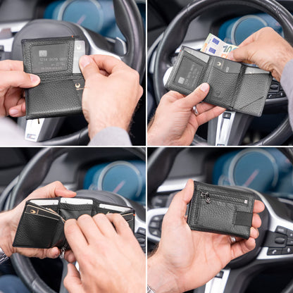 DONBOLSO Wallet 2 I Slim Wallet with Coin Pocket and RFID Protection I 8 Card Slots for up to 12 Cards I I Genuine Leather Credit Card Holder for Men and Women I Black Grained Nappa