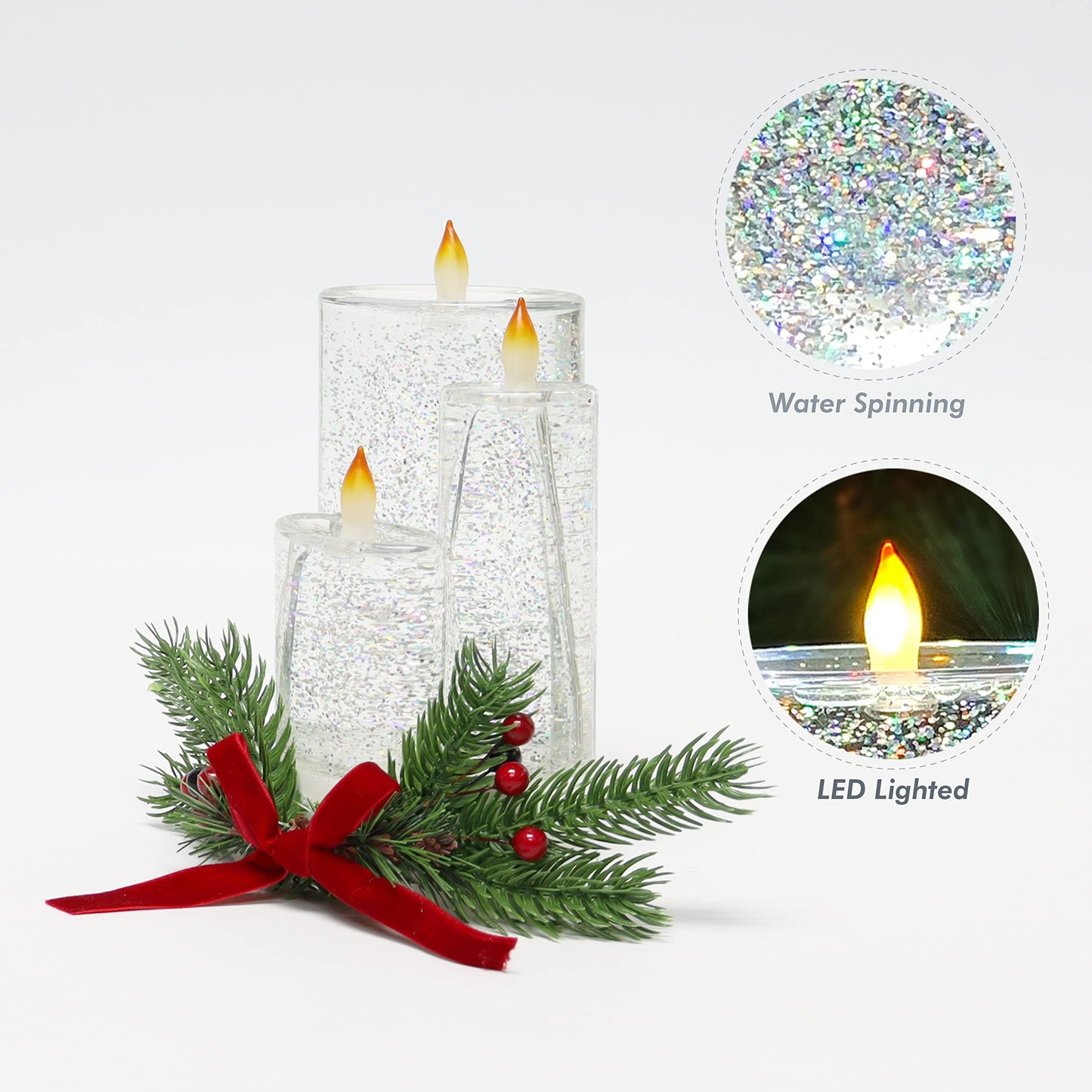 Christmas Tabletop Snow Globe Candle Water Spinning LED Lighted Acrylic Candle Décor Battery Operated Christmas Decoration (6.8" H x 4.8" W x 4.8" D) by Moments in Time