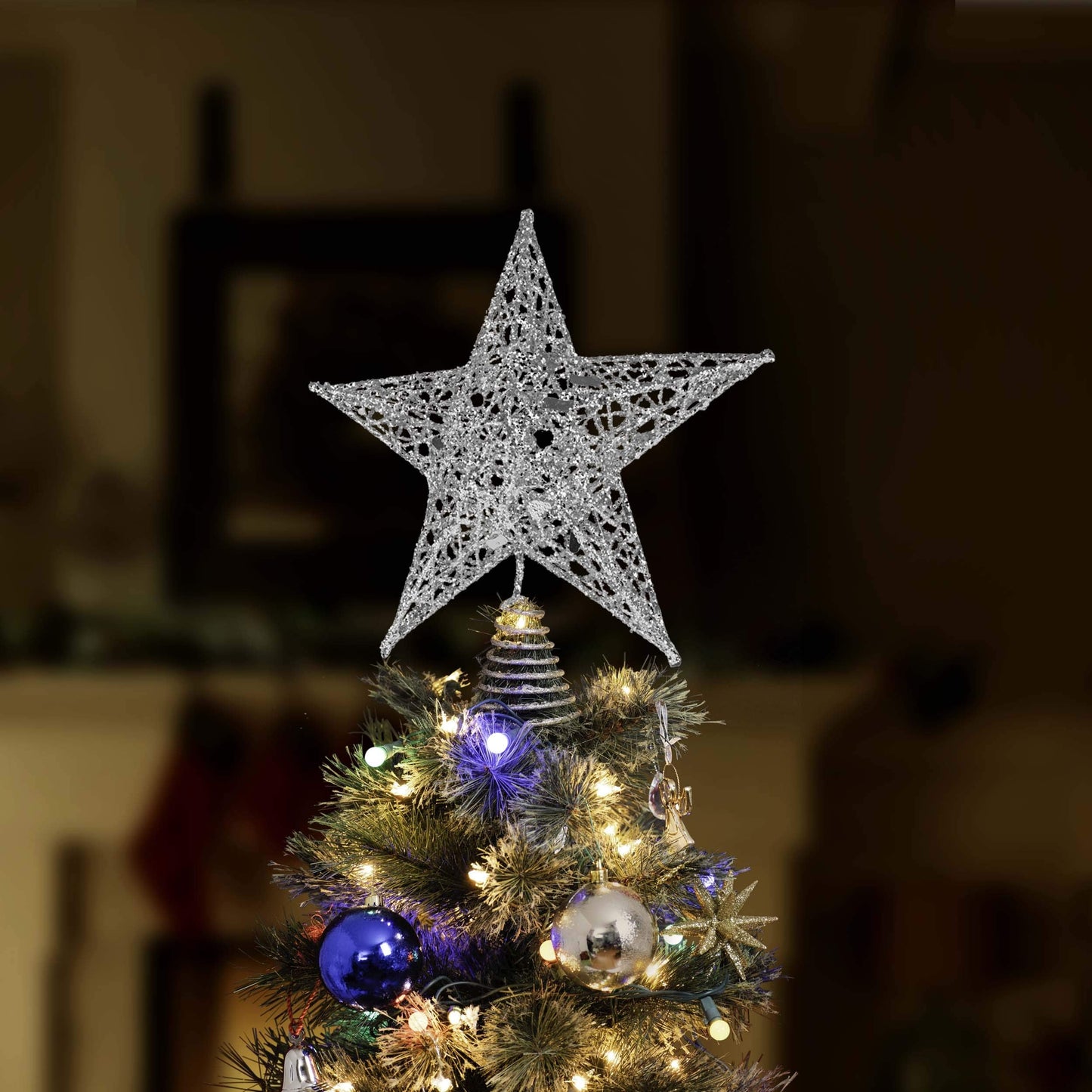 Ornativity Silver Star Tree Topper - Christmas Silver Glitter Sparkle Star Ornament Holiday Decor Top Toppers Xmas Decoration 9"