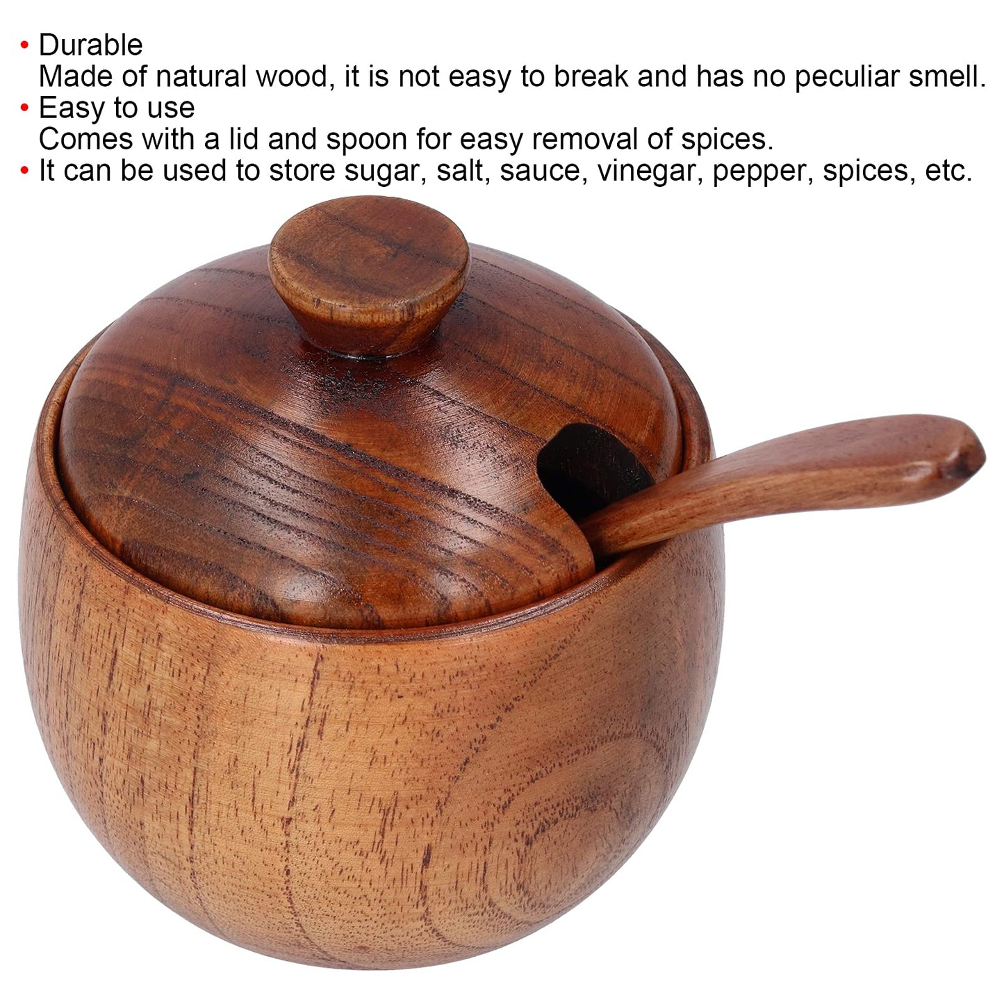 Tomotato Wood Spice Jar, Rustic Wooden Sugar Bowl with Lid and Spoon, Salt Cellar Pepper Condiment Pot Seasoning Jar Container Box for Home Kitchen Restaurant