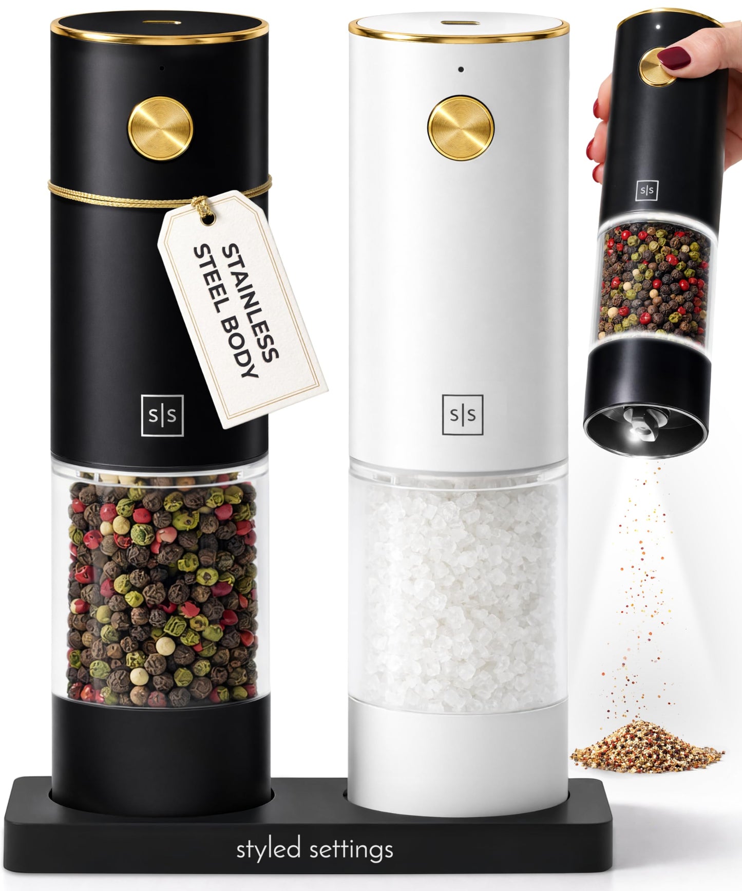 Rechargeable Electric Salt and Pepper Grinder Set – Sleek Stainless Steel White and Black Black Salt and Pepper Grinder Set with USB-C Charging, Adjustable Coarseness, LED Light, One Touch Control