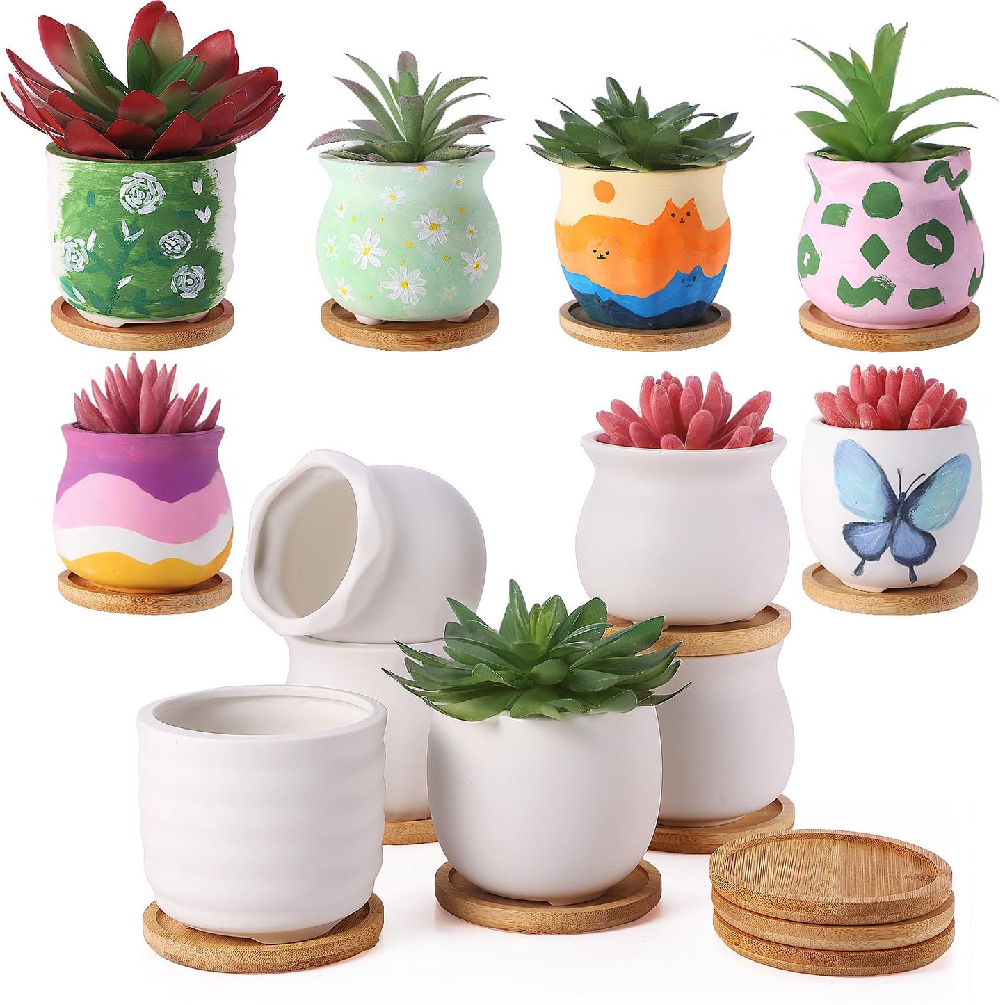 Remerry 18 Pcs 3.5 Inch Mini Succulent Pots with Bamboo Tray White Ceramic Pots Color Your Own DIY Small Planters Containers for Flower Cactus with Drainage Hole for Plant Lover