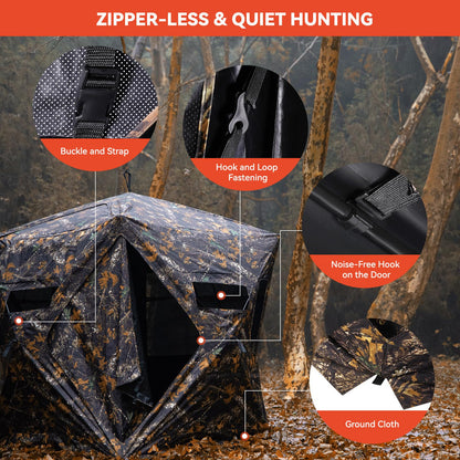 GearOZ Hunting Blind, 270° See Through Ground Blinds Camouflage Waterproof Pop-up Tent for Deer Turkey Duck Bow Hunting, 2-3 Person Portable Concealed Tent Silent Adjustable Windows with Carrying Bag