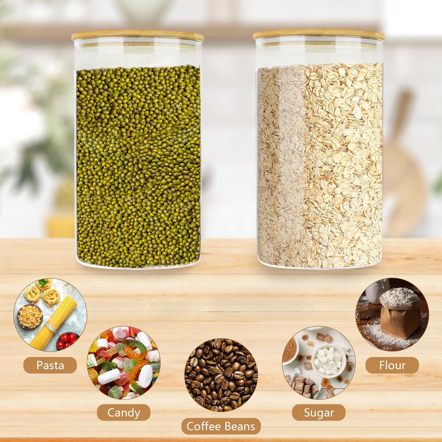 Large Glass Cereal Containers Storage with Airtight Bamboo Lids,Pantry Storage Container,Perfect for Kitchen Organization - Flour, Rice, Pasta, Sugar, Coffee Beans, Accessories Included,2 packs(168oz)