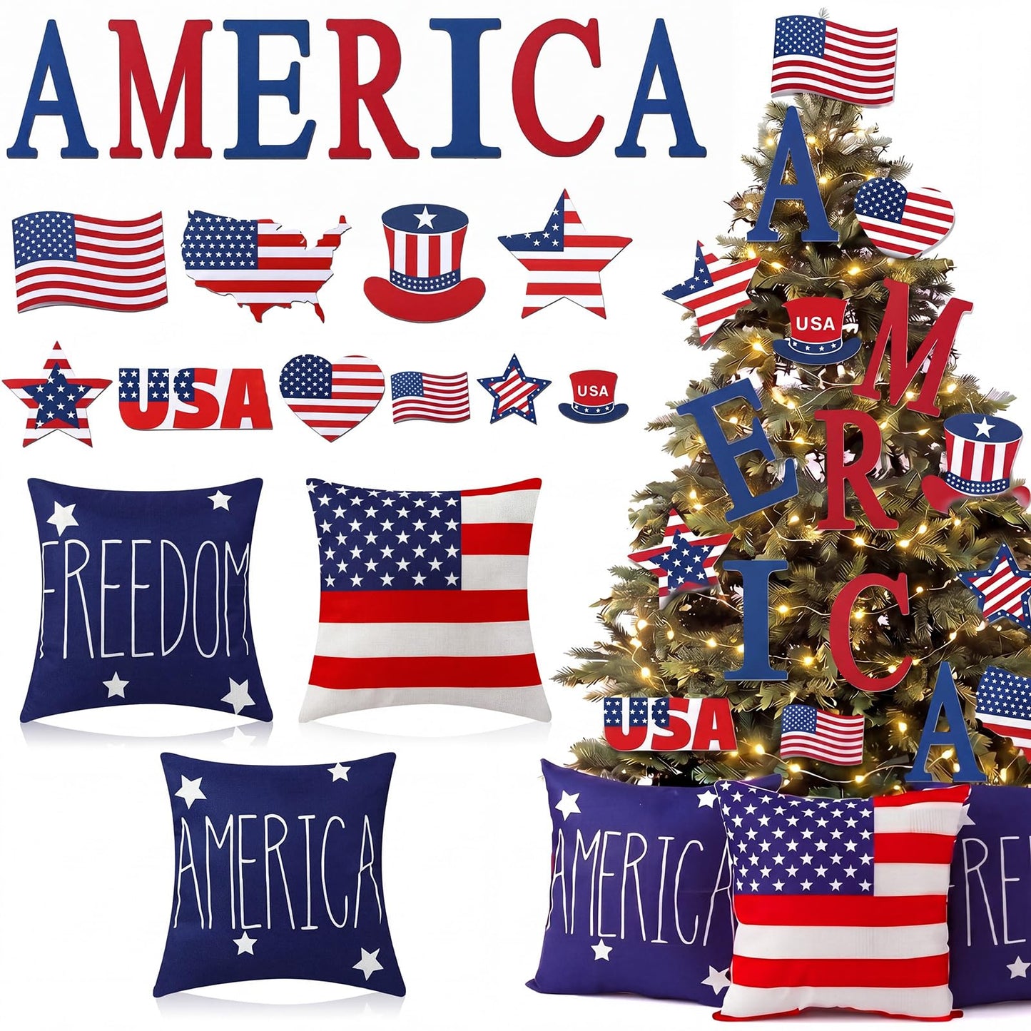 HunnmingRe Large 4th of July Christmas Tree Decor Set with Light & Pillow Cover Patriotic Ornament Red White and Blue Topper America Star Letter Pick for Independence Day 250th Anniversary Home Decor