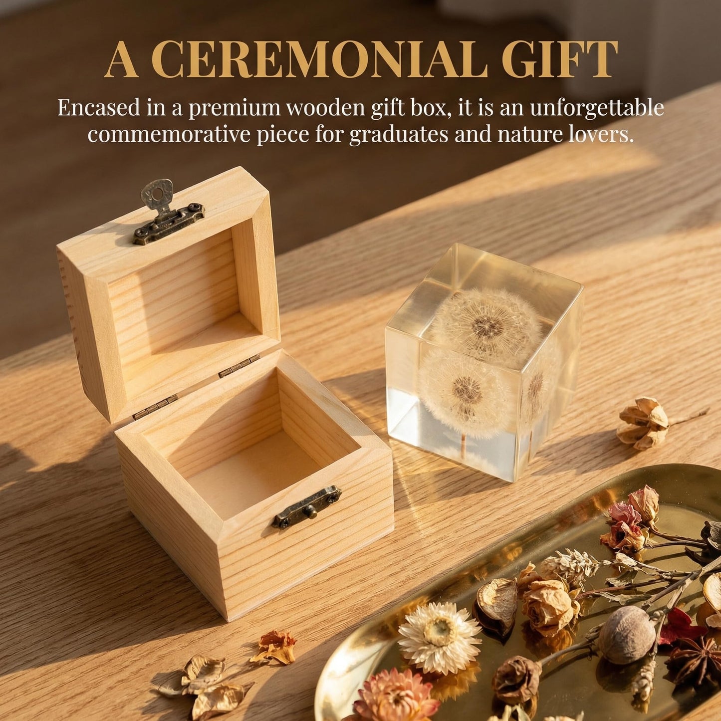 Real Dandelion Specimen in Crystal Clear Resin Cube, 2 Inch 3D Preserved Dandelion Puff Paperweight with Wooden Box, Natural Plant Decor for Home Office Gift